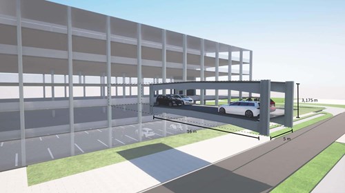 Diagram of a prefabricated parking garage with an element being taking in and out.