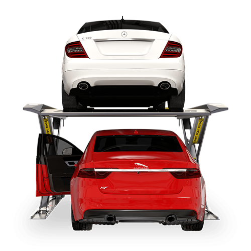 Single space car lift with a red car on the bottom with door open and white car on top.